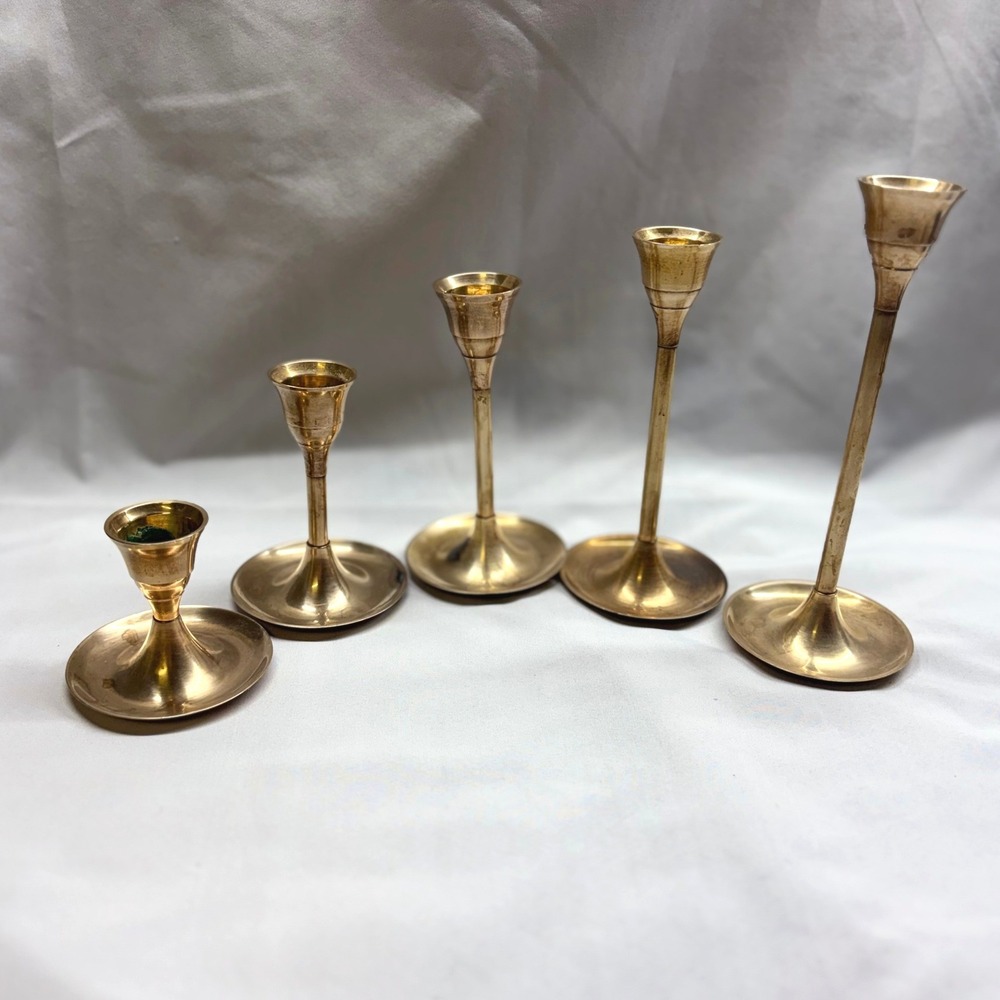 Unbranded Brass Candlestick Holders Set of 5 Gold Good Graduated Mid Century